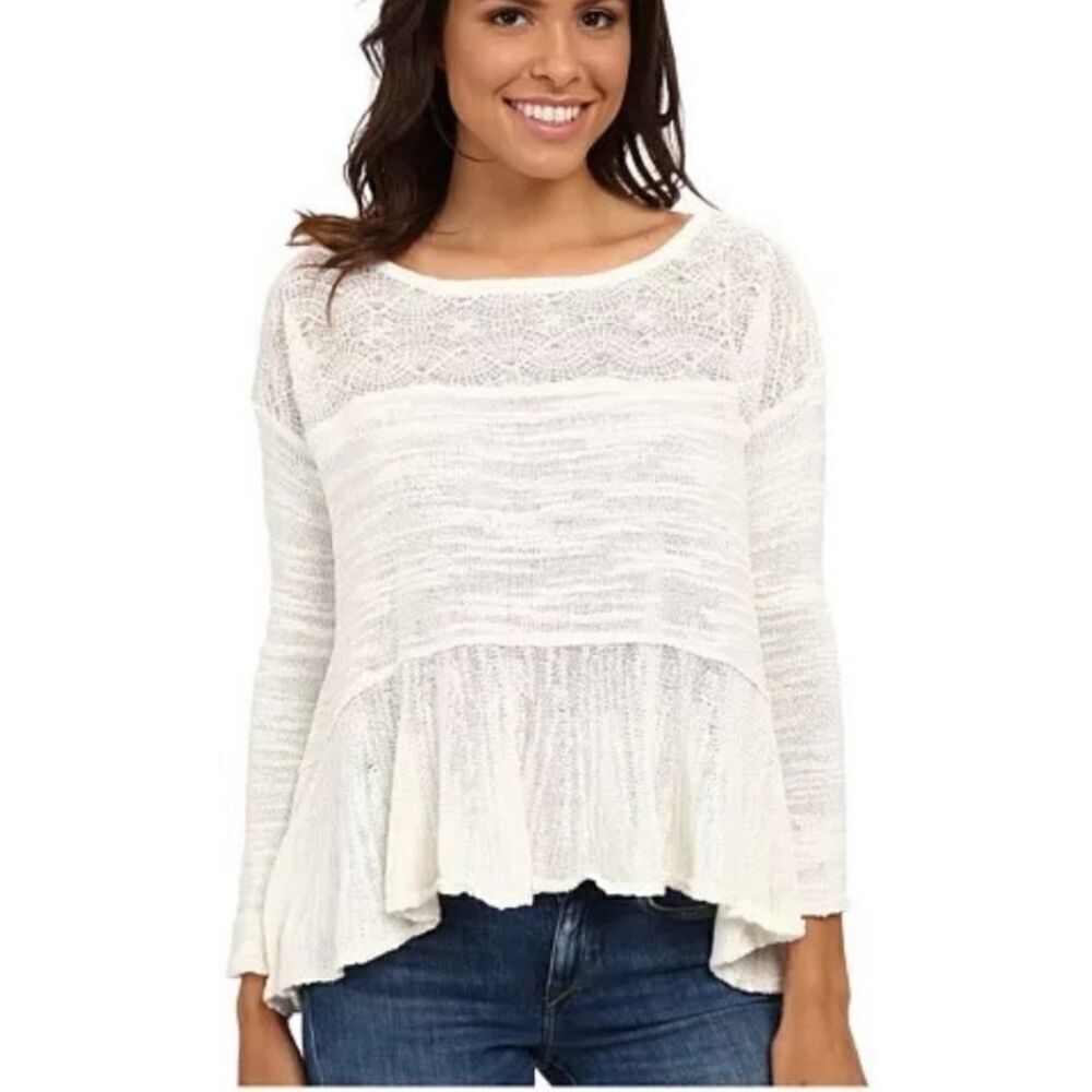 Free People Kristobel Embroidered Yoke Panel Ruffle Top Eggshell